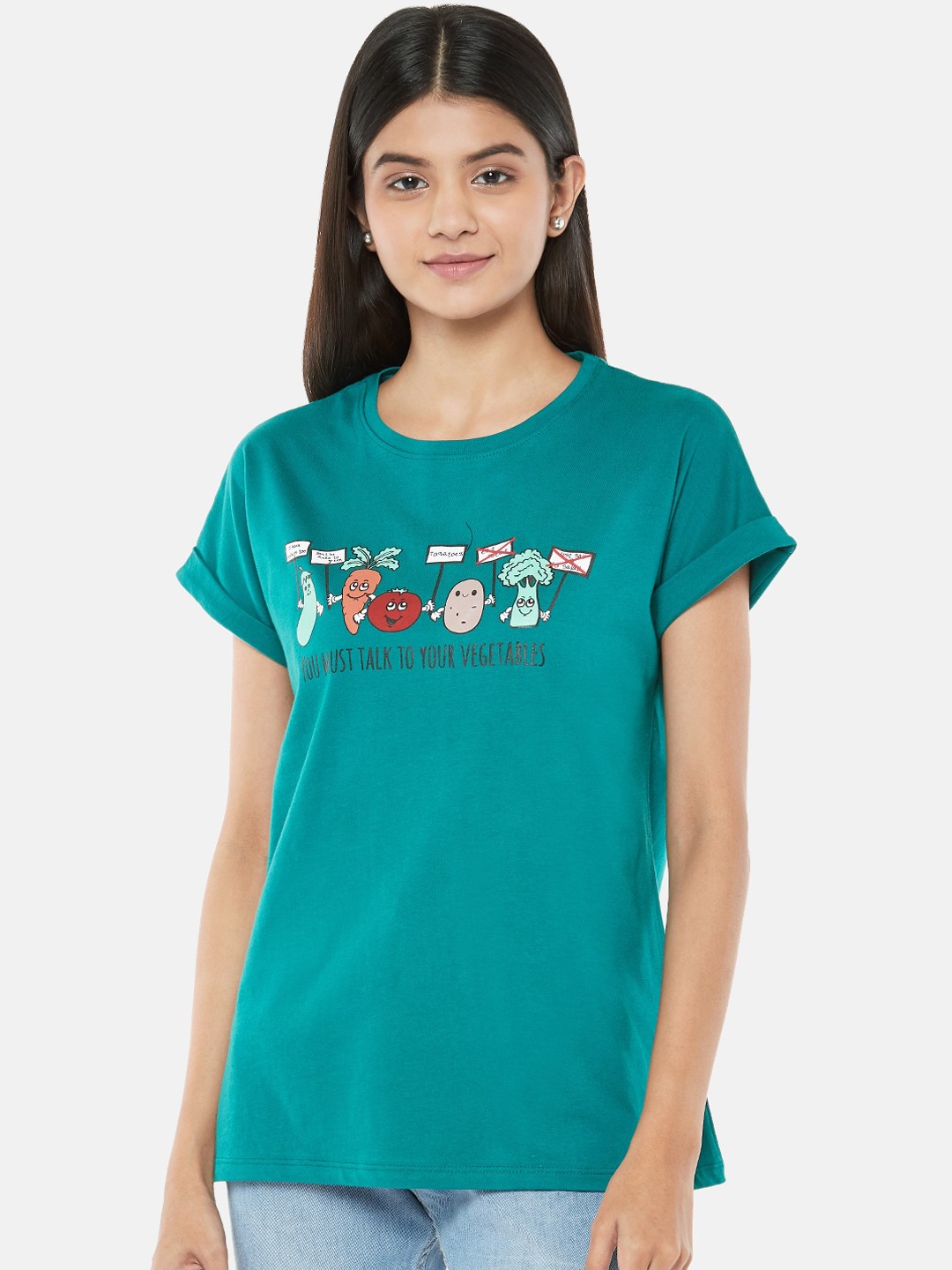 

People Women Green Printed Round Neck Pure Cotton T-shirt