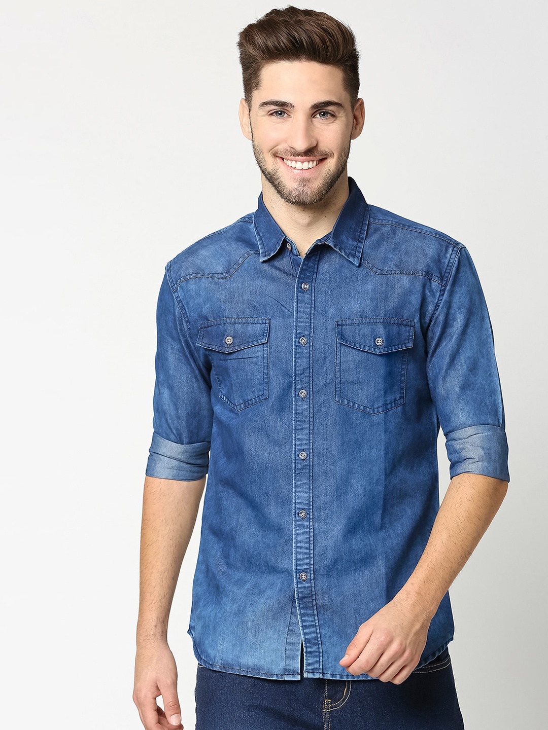 

High Star Men Blue Slim Fit Solid Casual Denim Shirt