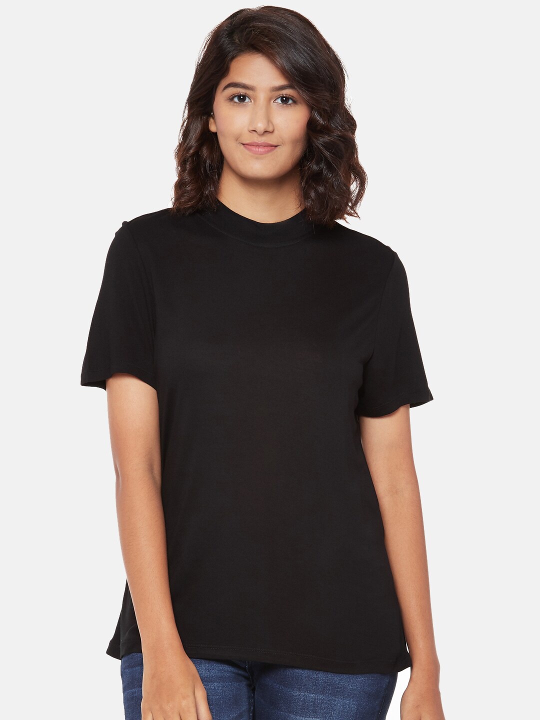 

People Women Black Solid Round Neck T-shirt