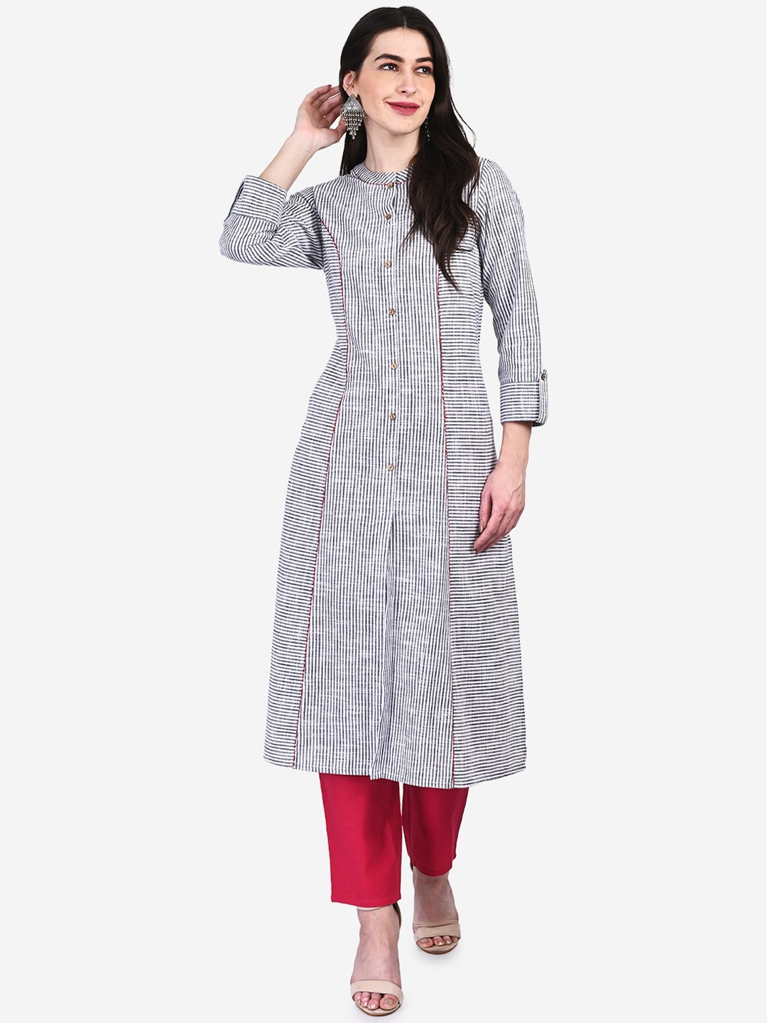 

Be Indi Women Mandarin Collar Striped A-Line Regular Kurta, White