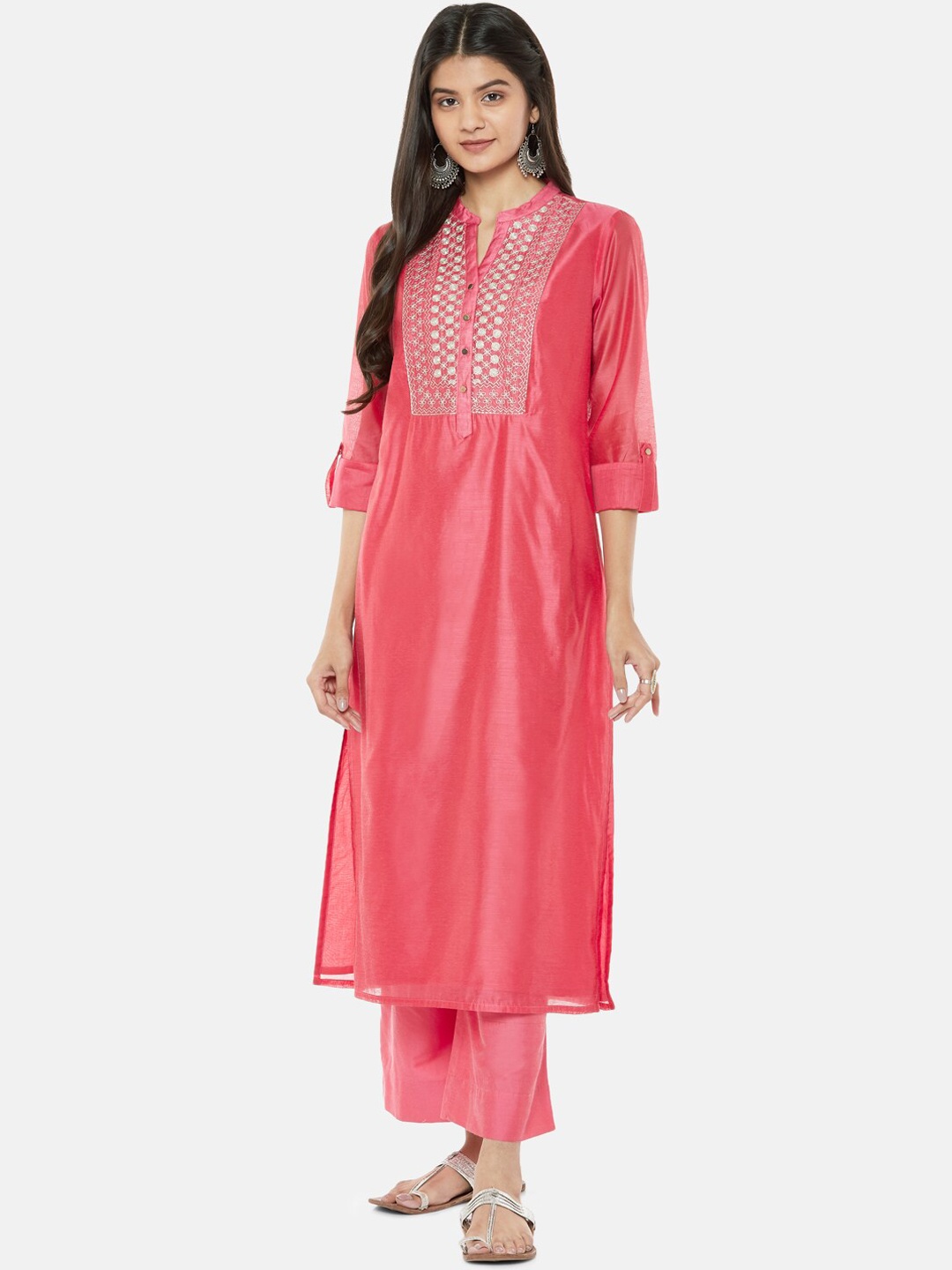 

RANGMANCH BY PANTALOONS Women Coral Pink Yoke Design Kurta with Palazzos