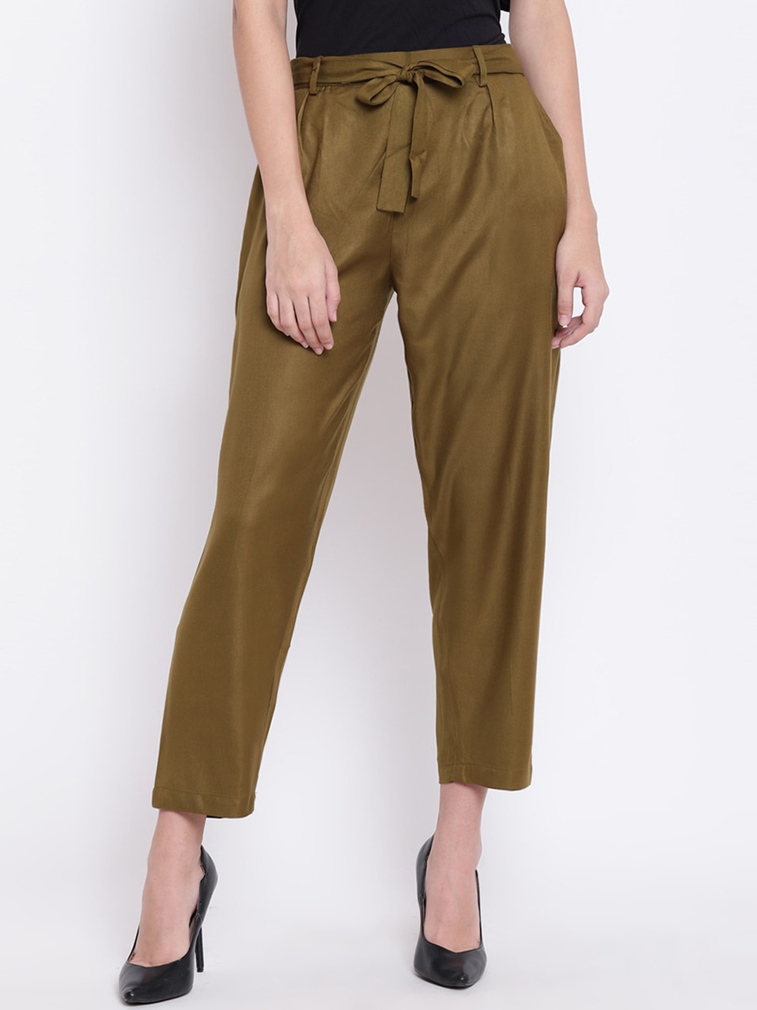 

RIVI Women Green Slim Fit Solid Peg Trousers