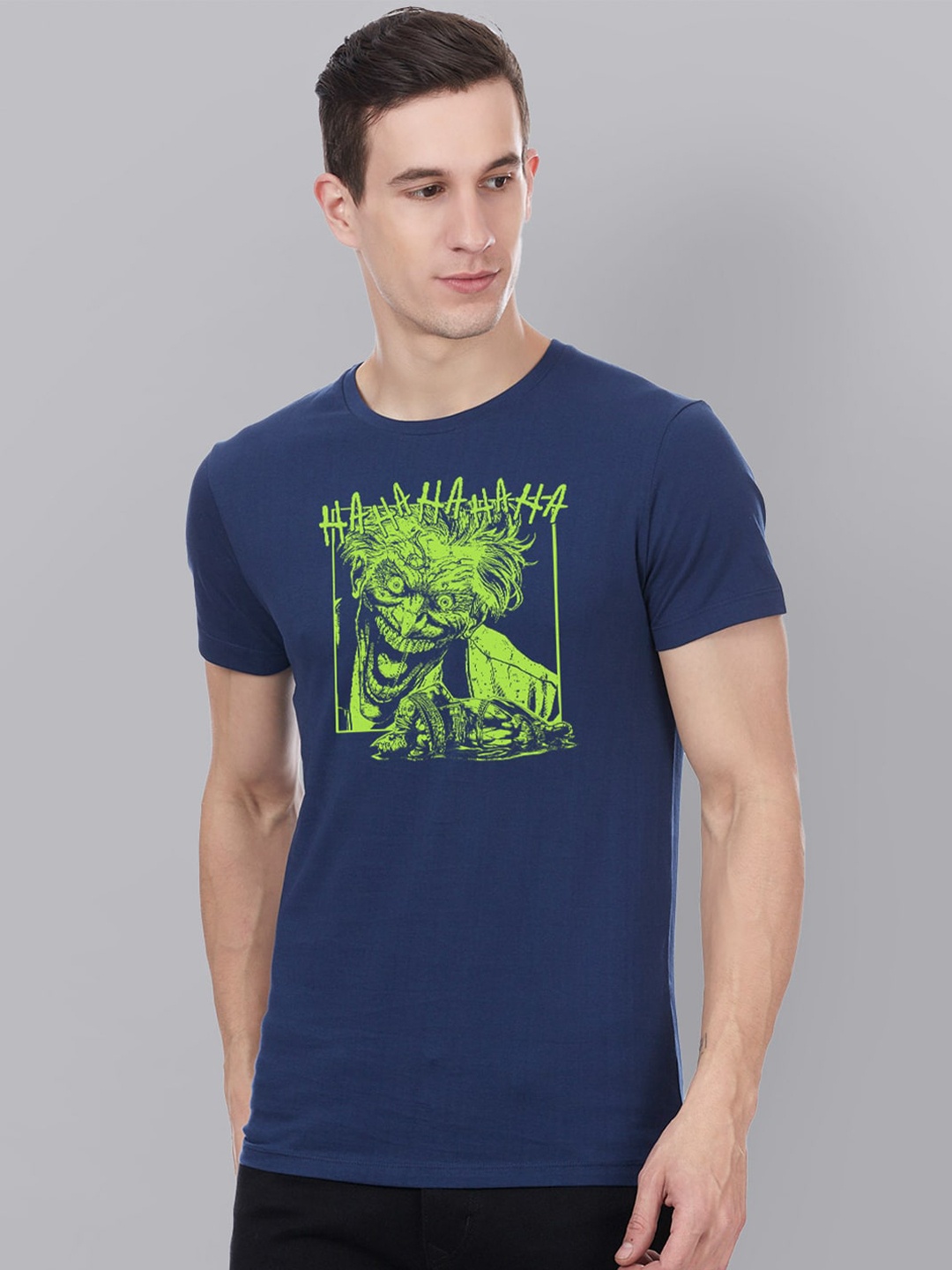 

Free Authority Men Blue Joker Printed Round Neck Pure Cotton T-shirt