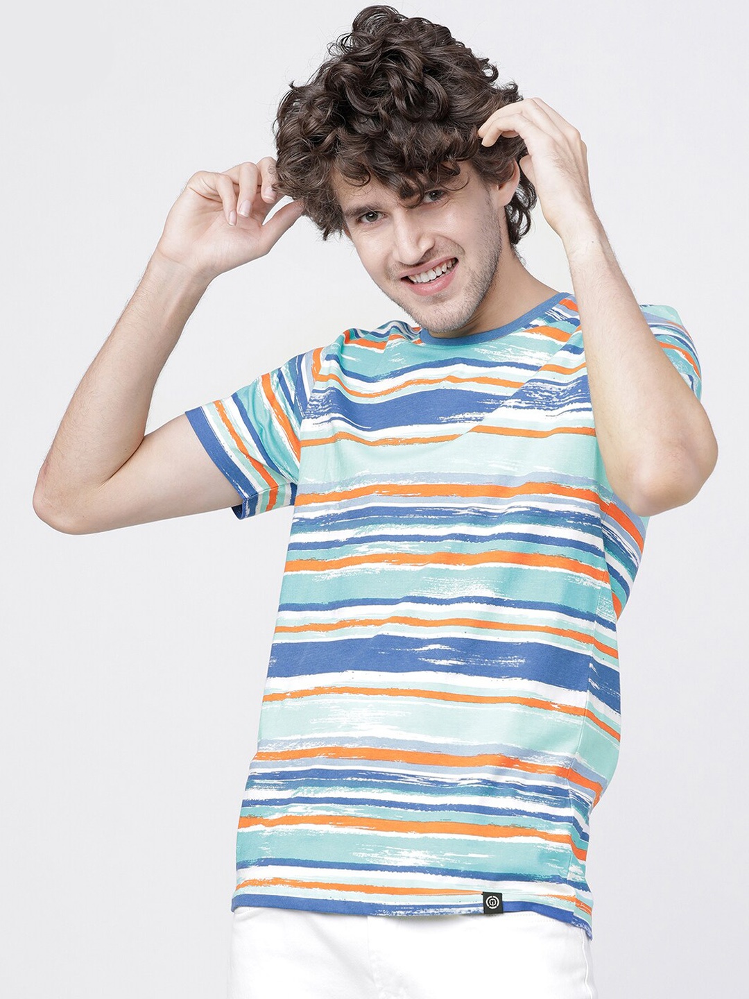 

LOCOMOTIVE Men Blue & Sea Green Striped Round Neck T-shirt
