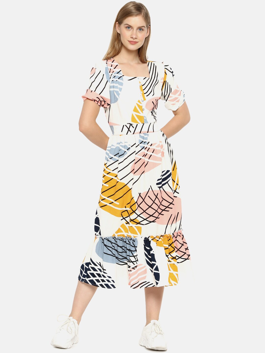 

Campus Sutra Women White Printed A-Line Dress