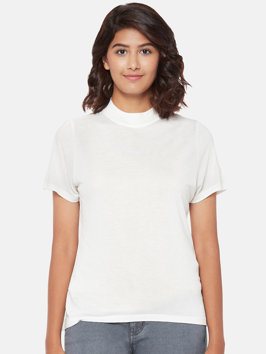 

People Women Off-White Solid High Neck T-shirt