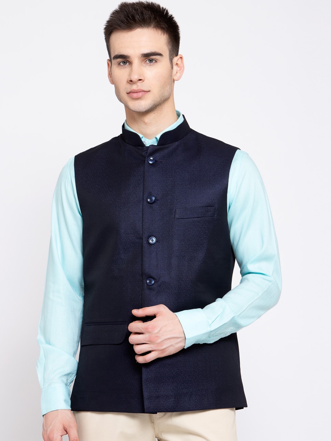 

Wintage Men Navy Blue Solid Woven Nehru Jacket