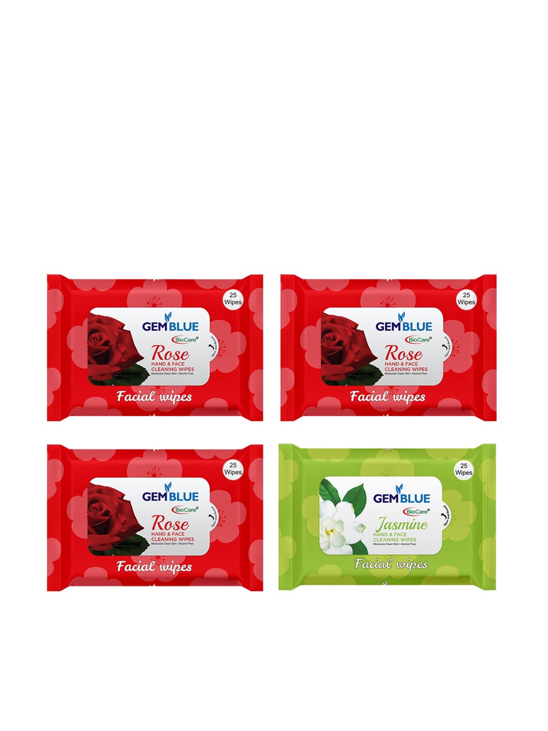 

GEMBLUE BioCare Set of 4 Rose & Jasmine Facial Wipes, Red