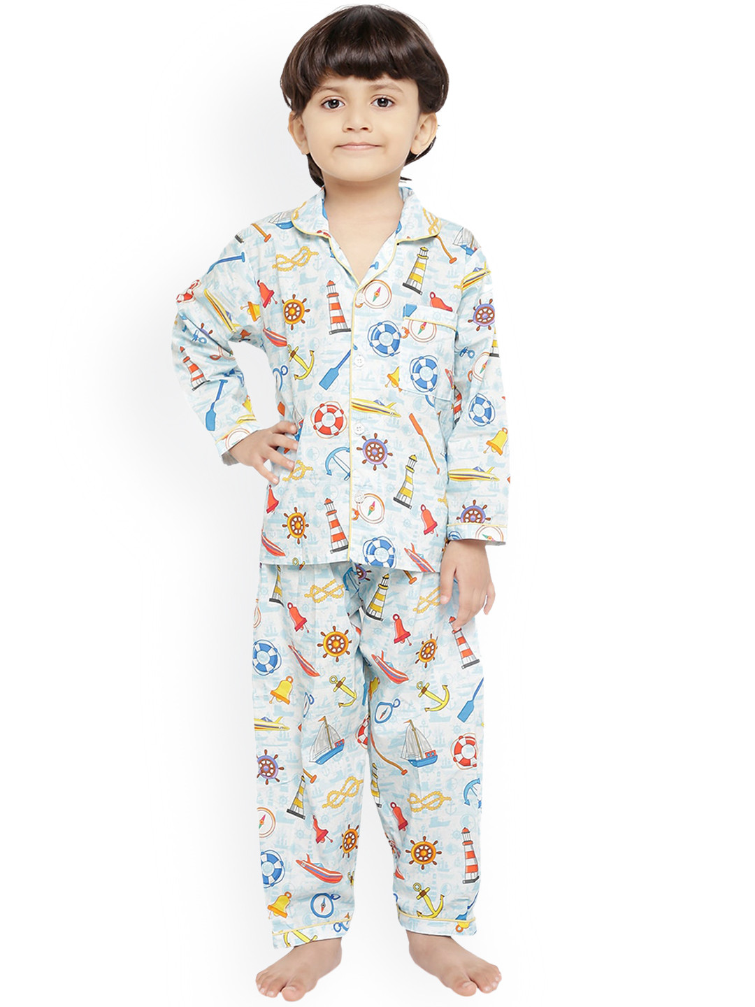 

Knitting Doodles Kids White & Blue Printed Cotton Night Suit