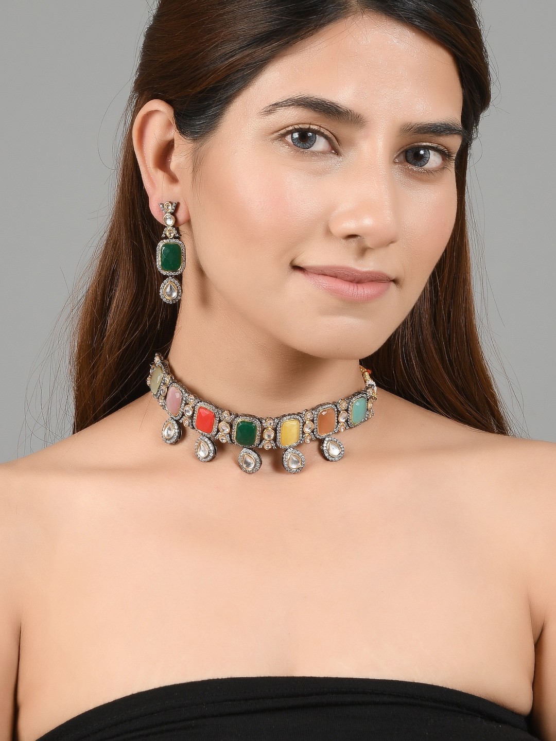Silvermerc Designs Gold-Plated White & Green Kundan-Studded Jadau Jewellery Set