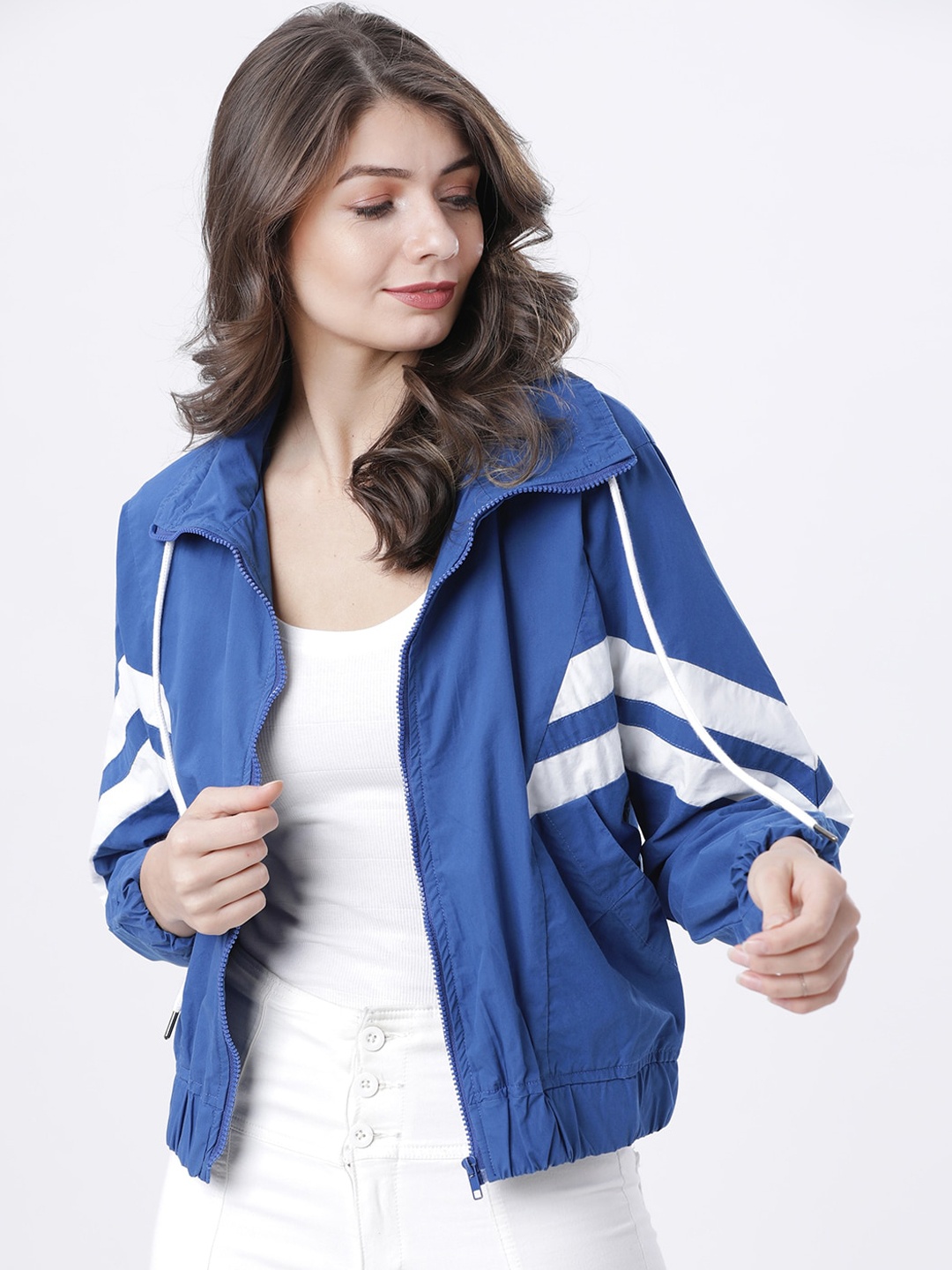 

Tokyo Talkies Women Blue & White Striped Sporty Jacket