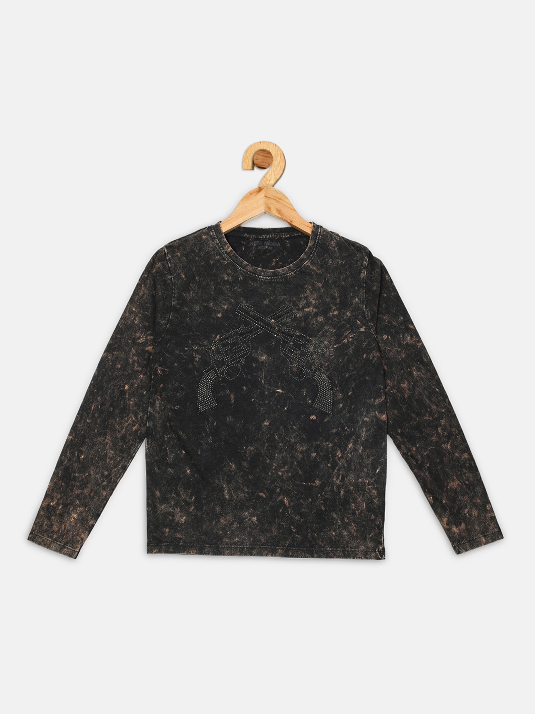 Nins Moda Boys Black Self Design Round Neck T-shirt
