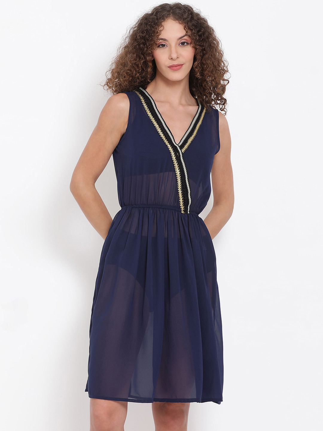 

Oxolloxo Women Navy Blue Solid Cover-Up Swim Dress
