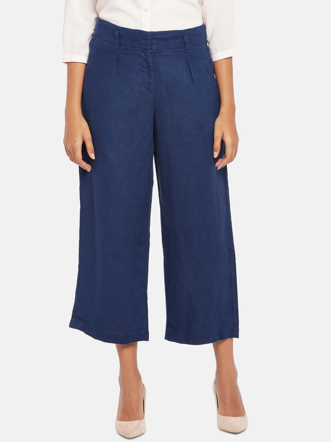 

Annabelle by Pantaloons Women Navy Blue Solid Linen Culottes
