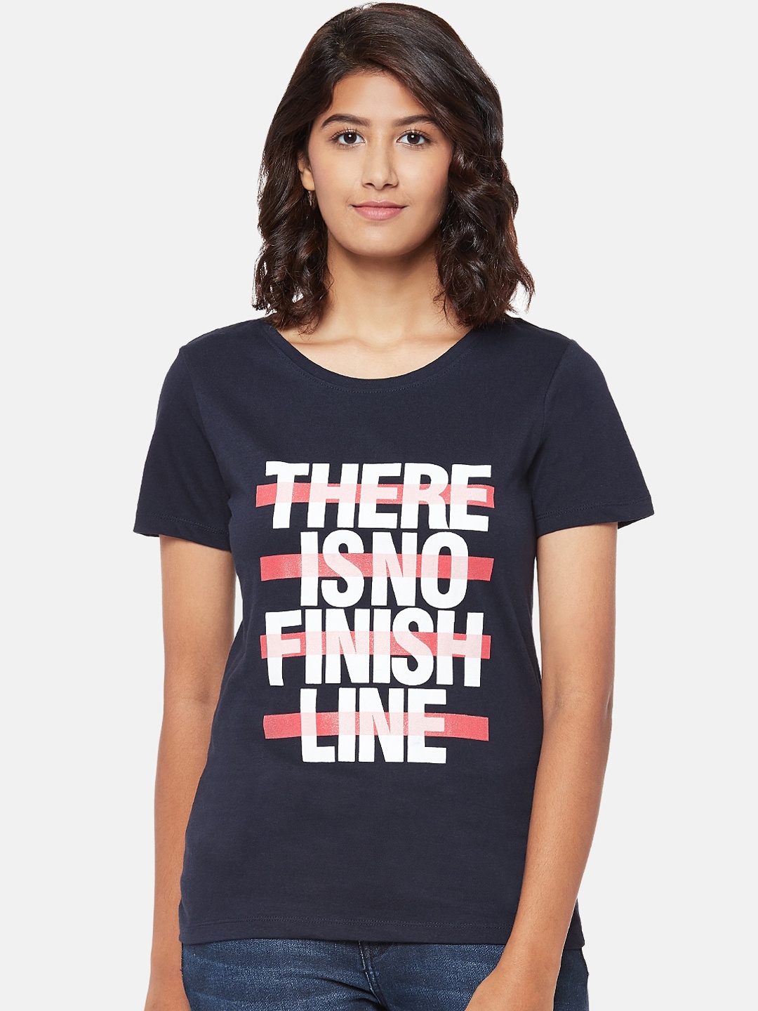 

Honey by Pantaloons Women Navy Blue Printed Round Neck Pure Cotton T-shirt