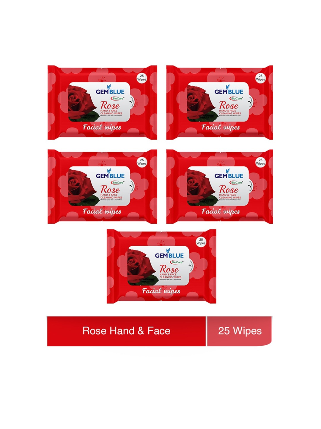 

GEMBLUE BioCare Set of 5 Rose Facial Wipes, Red
