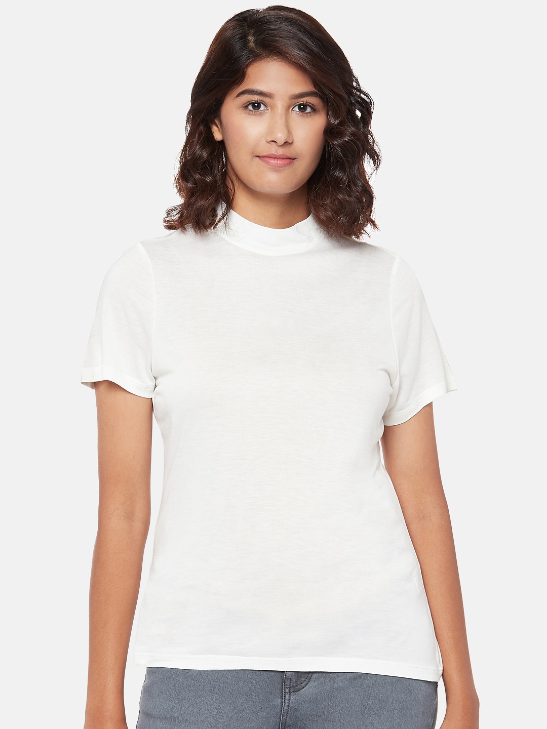 

People Women Off-White Solid High Neck T-shirt
