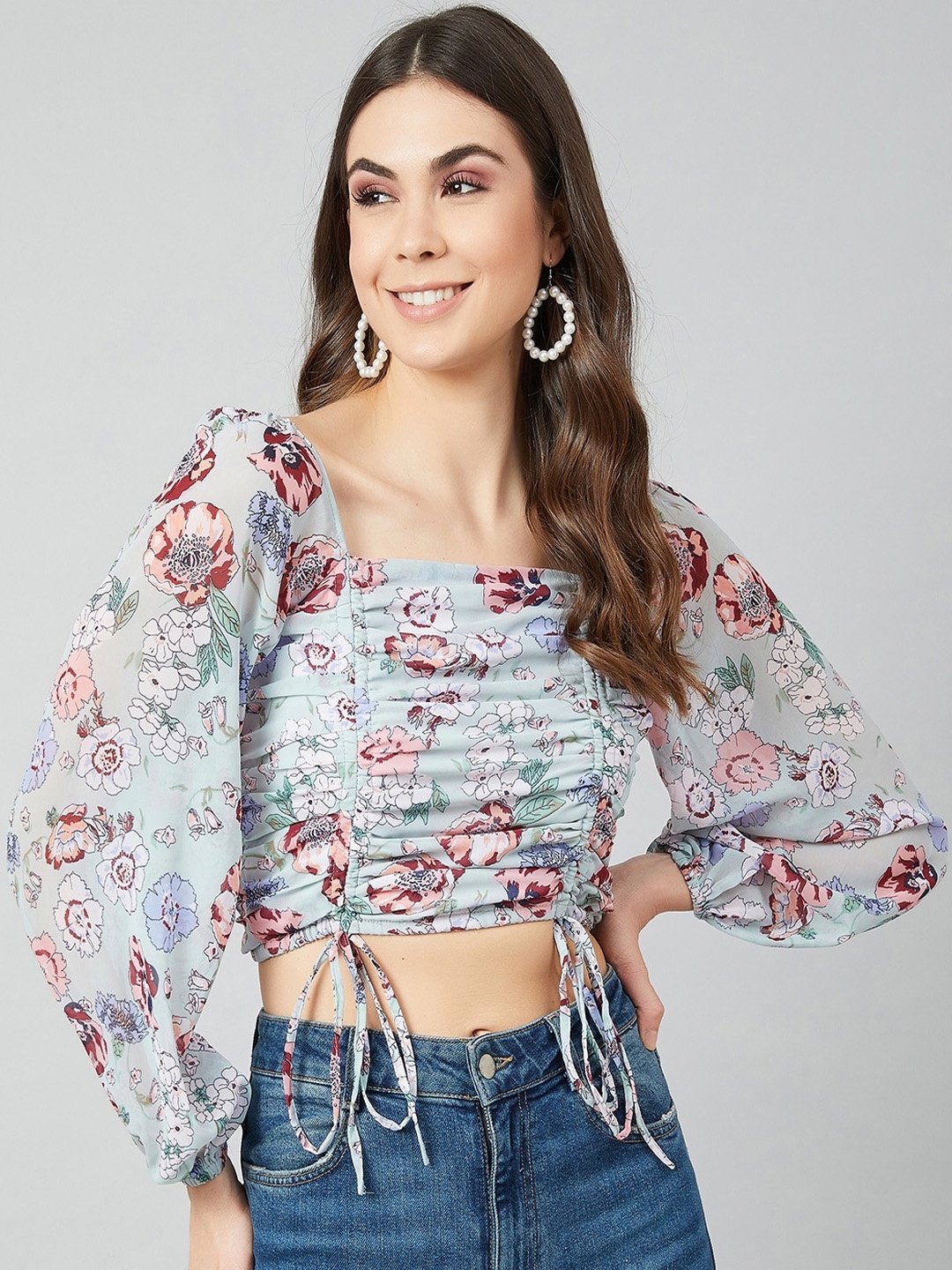 

Athena Sea Green Floral Printed Puff Sleeves Georgette Fitted Crop Top