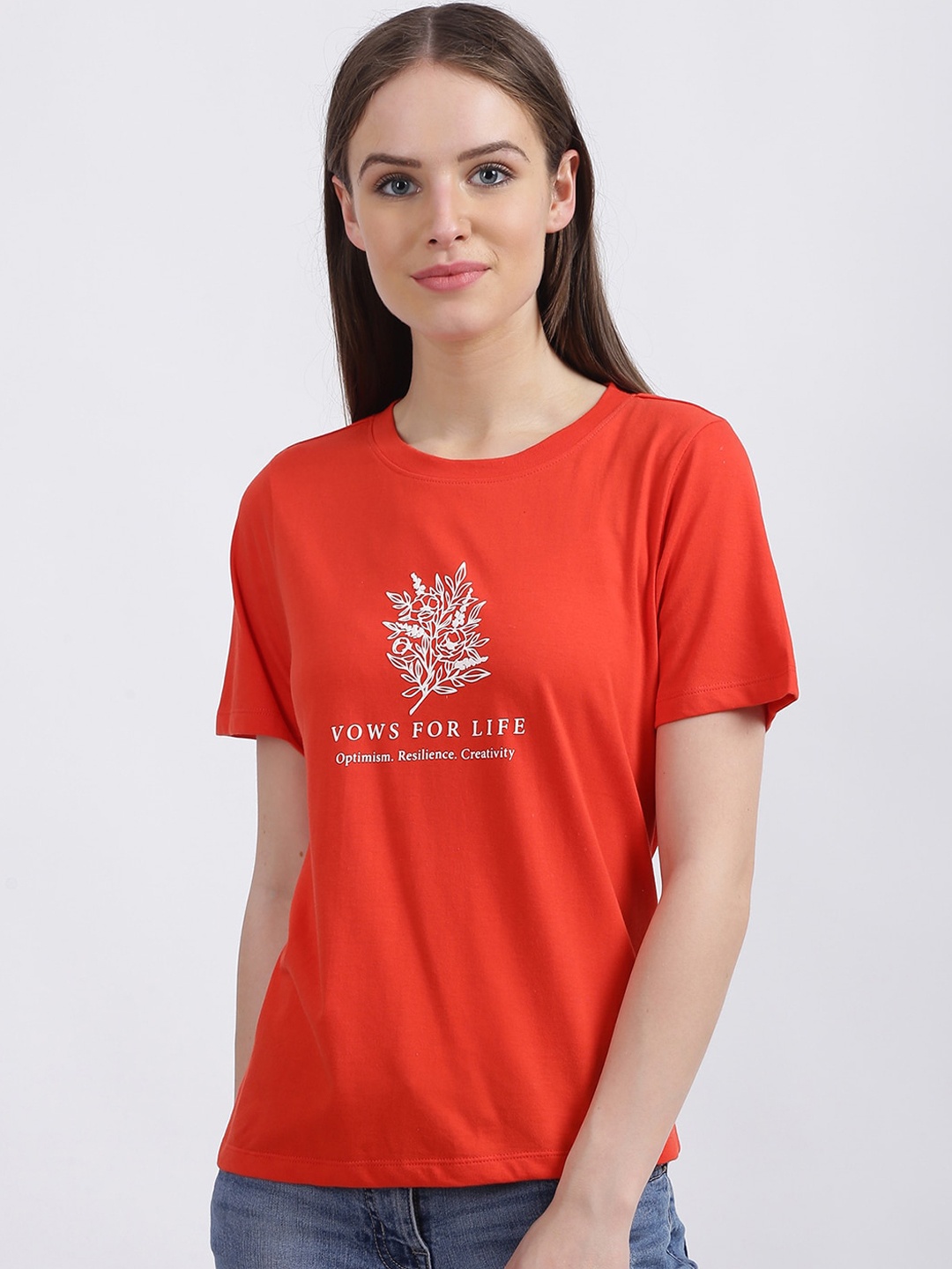 

Zink London Women Red Printed Round Neck T-shirt