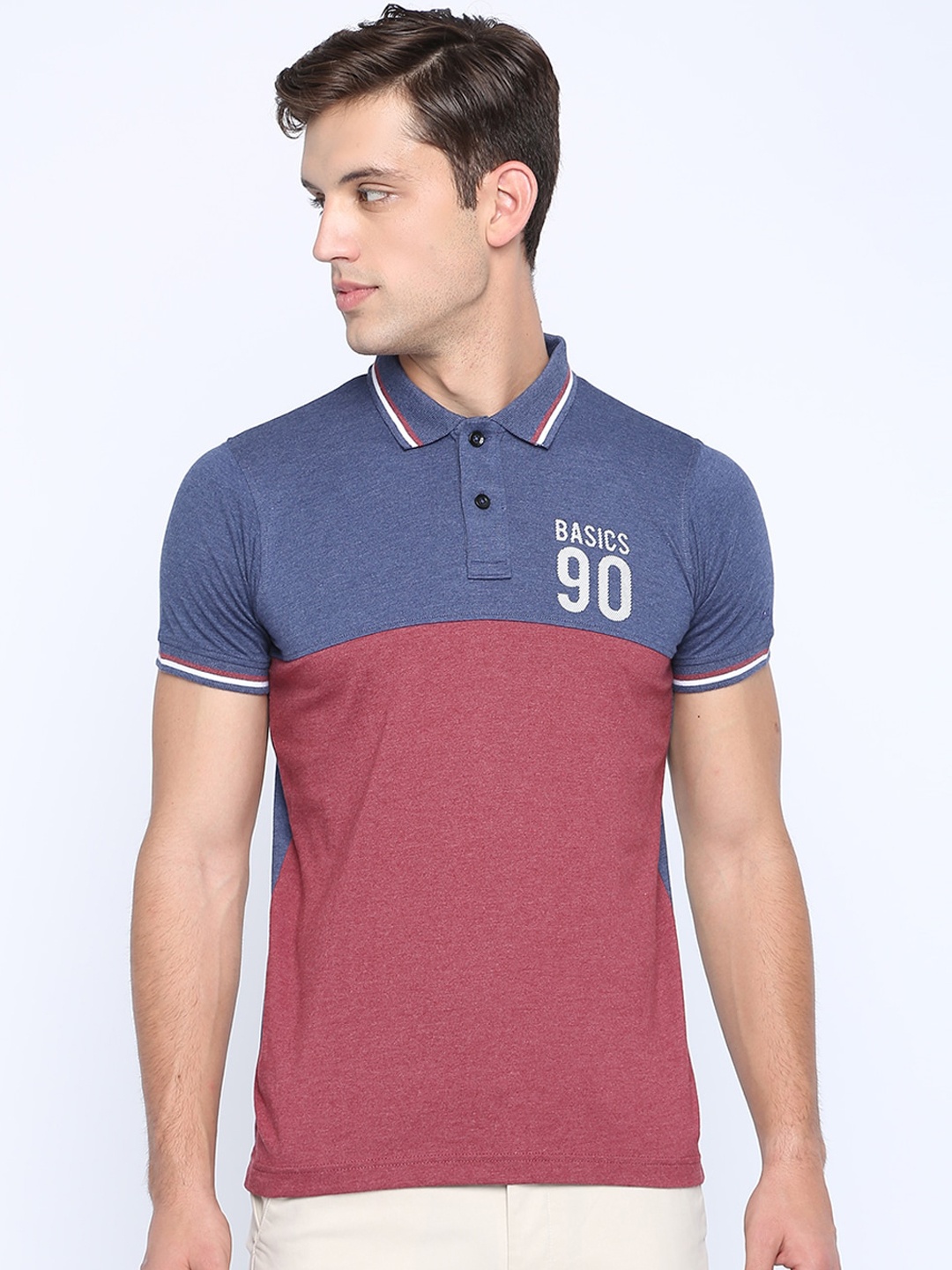

Basics Men Maroon & Blue Colourblocked Polo Collar Cotton T-shirt
