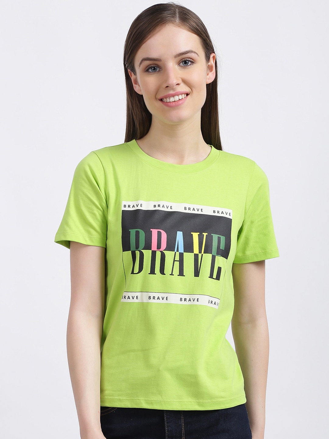 

Zink London Women Green Printed Round Neck Pure Cotton T-shirt