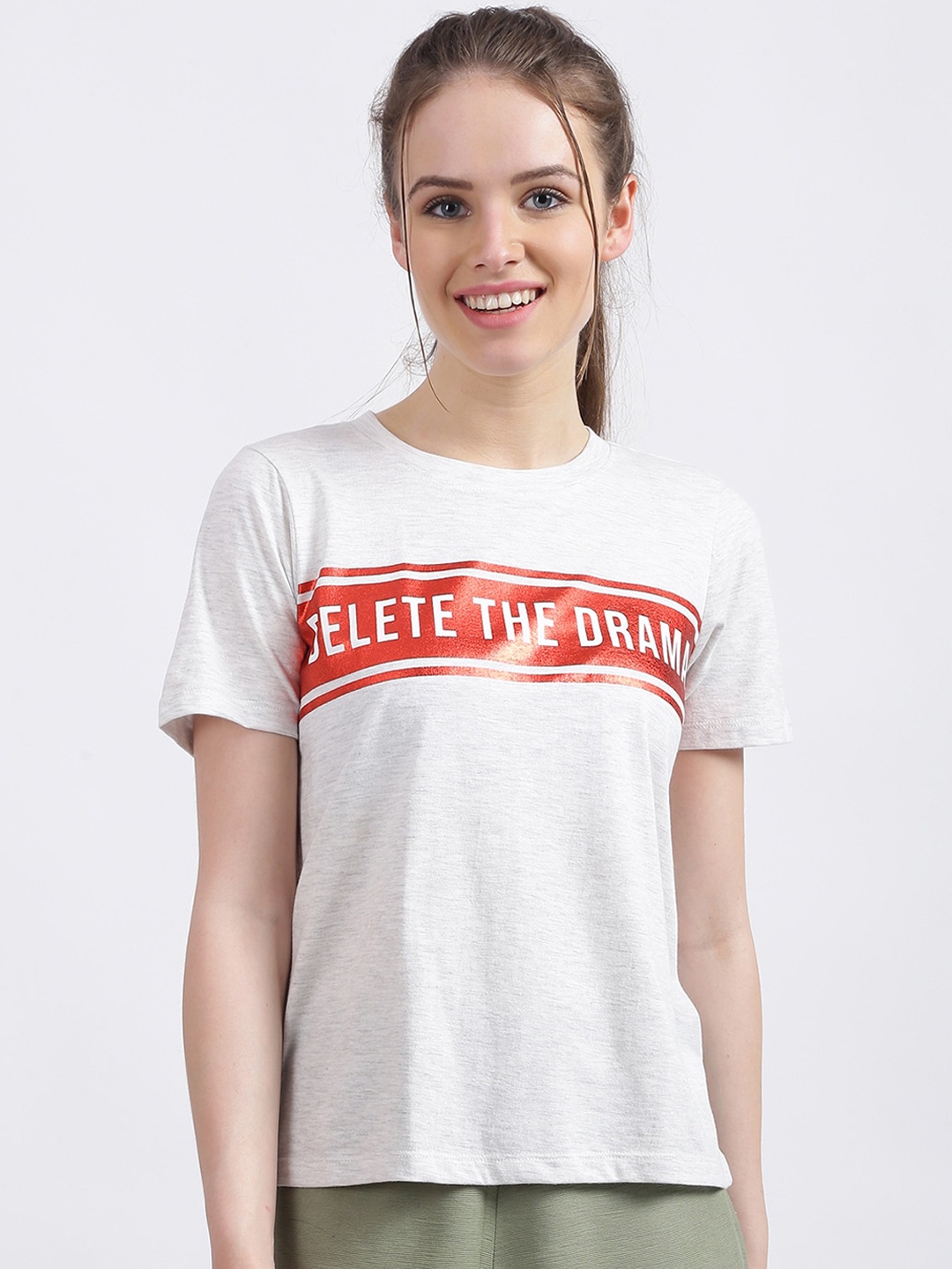 Zink London Women Grey Printed Round Neck T-shirt