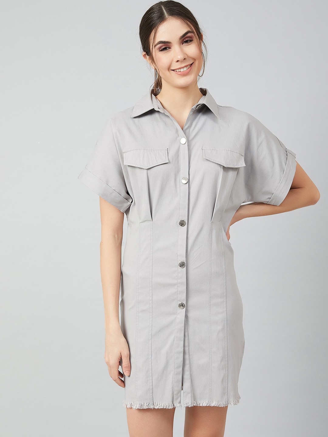 

Athena Women Grey Solid Frayed Denim Shirt Dress