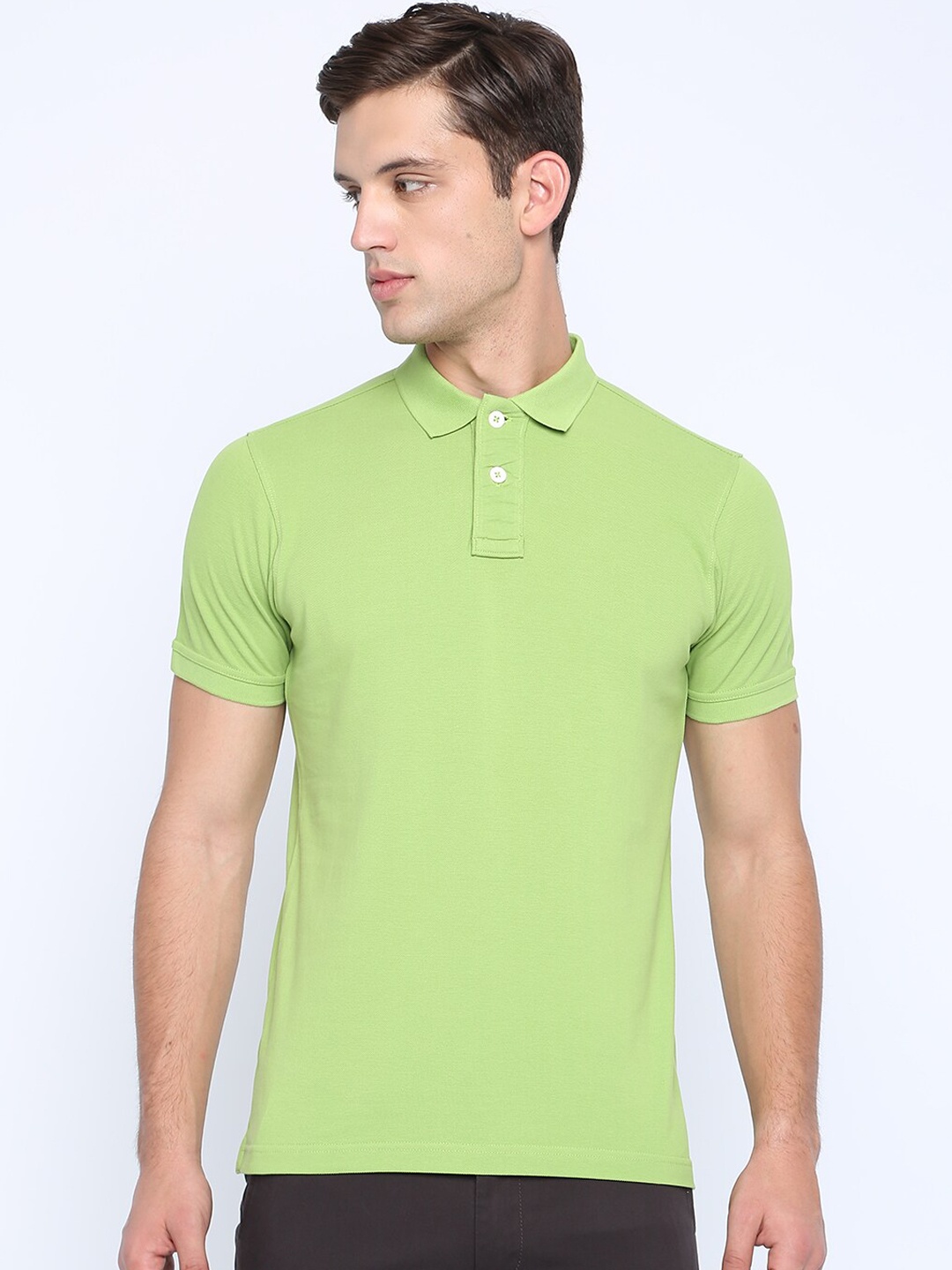 Basics Men Green Solid Polo Collar Cotton T-shirt