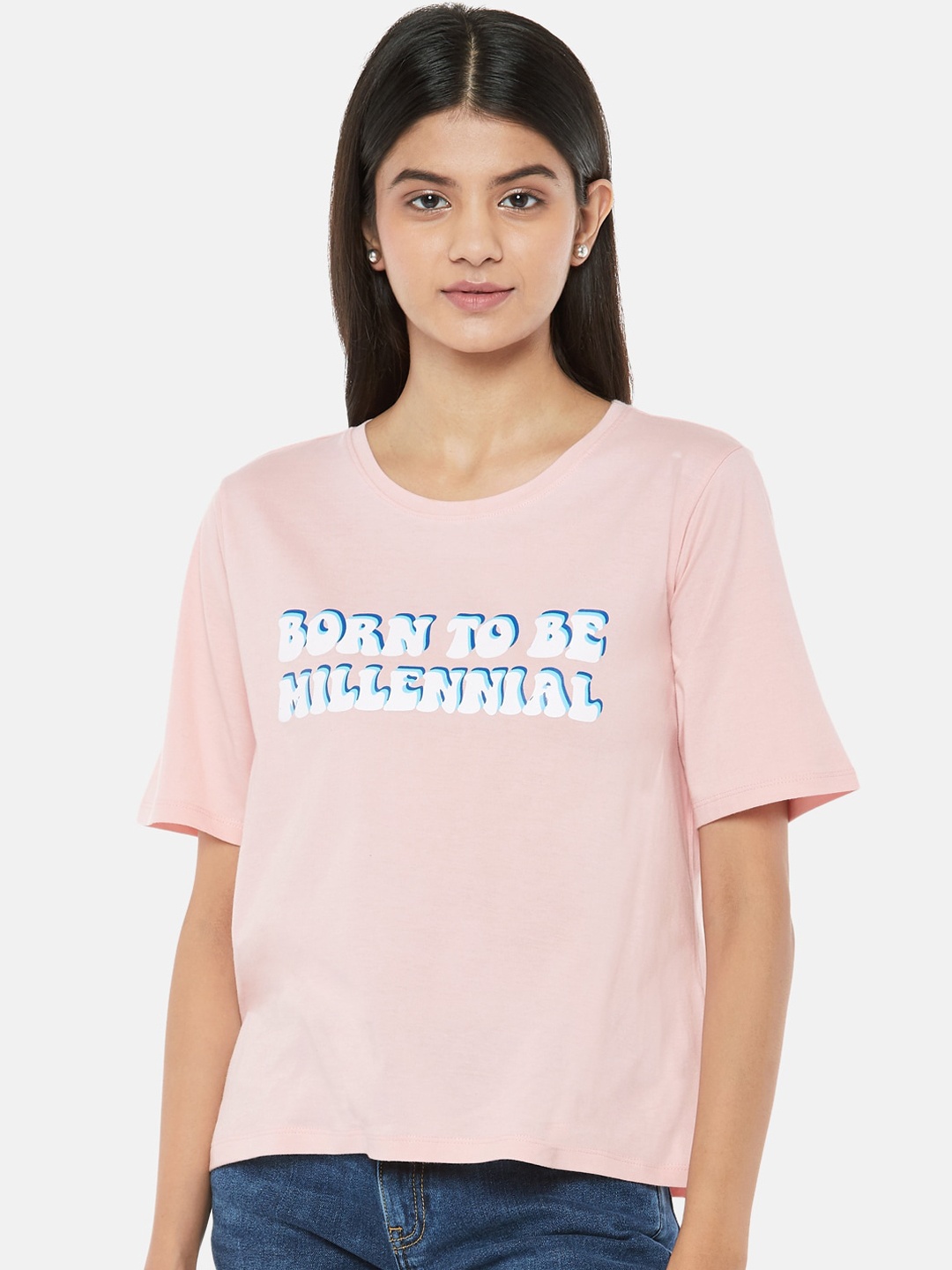 

People Women Pink Printed Round Neck Pure Cotton T-shirt