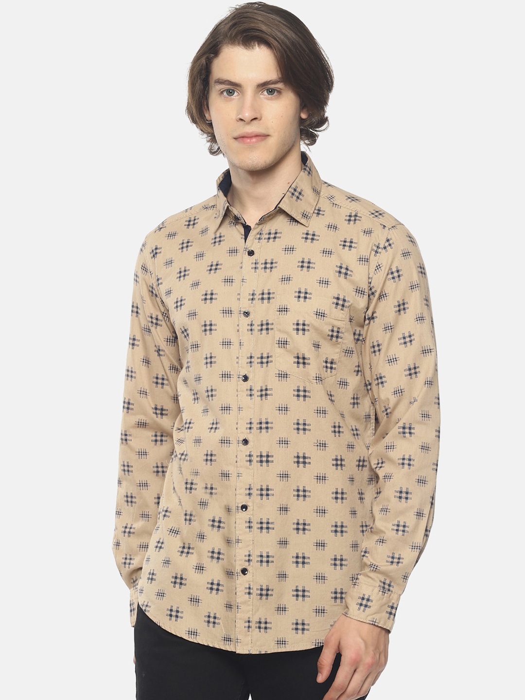 

IVOC Men Beige & Navy Blue Slim Fit Printed Casual Shirt