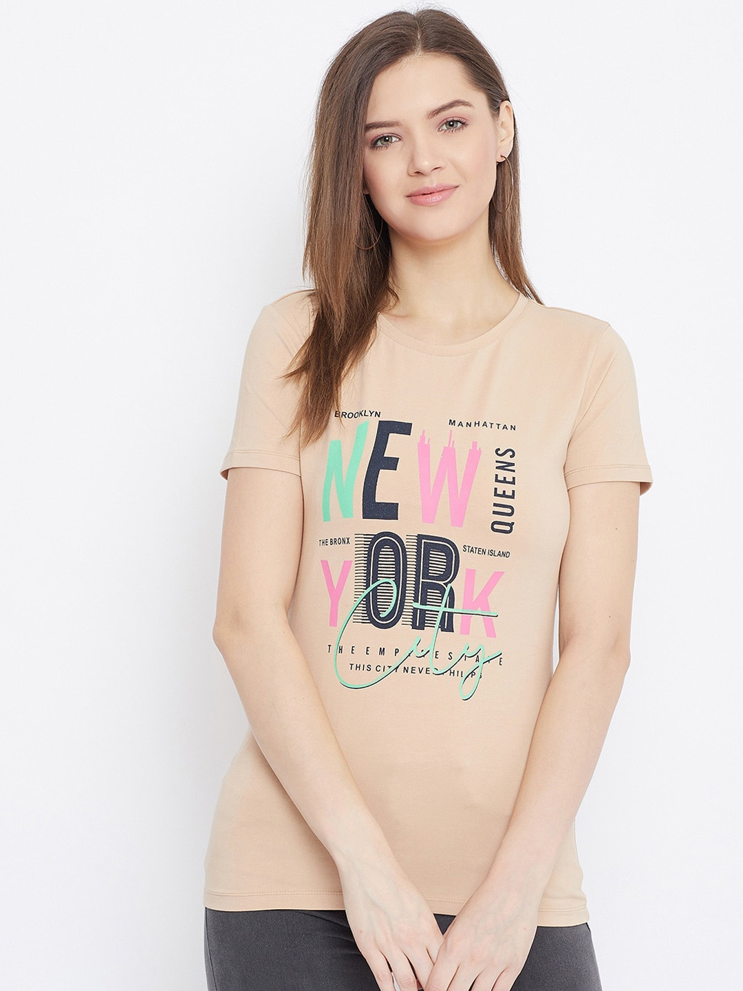 

Bishop Cotton Women Beige Printed Round Neck T-shirt