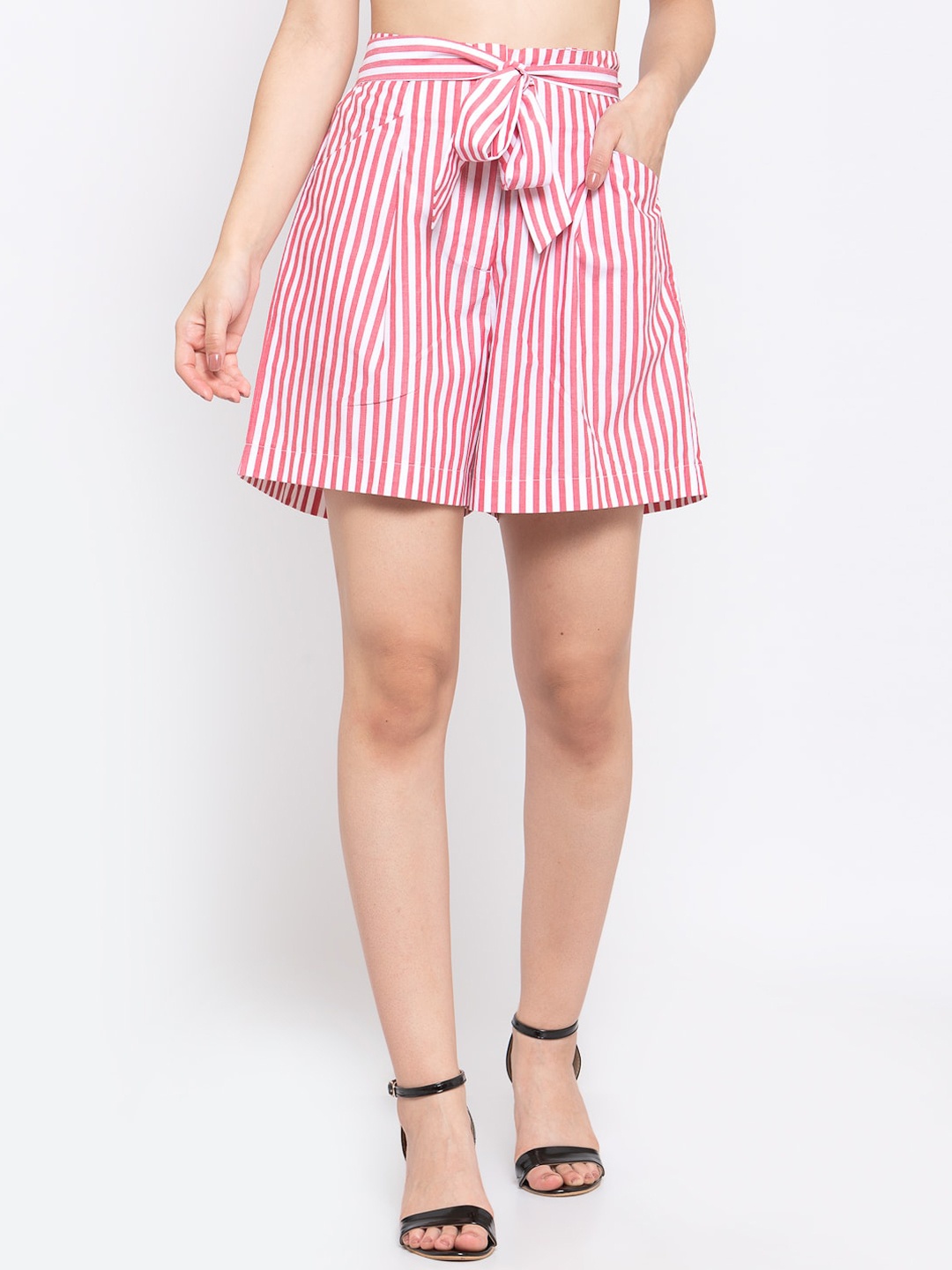 

Zastraa Women Pink Striped Regular Fit Regular Shorts