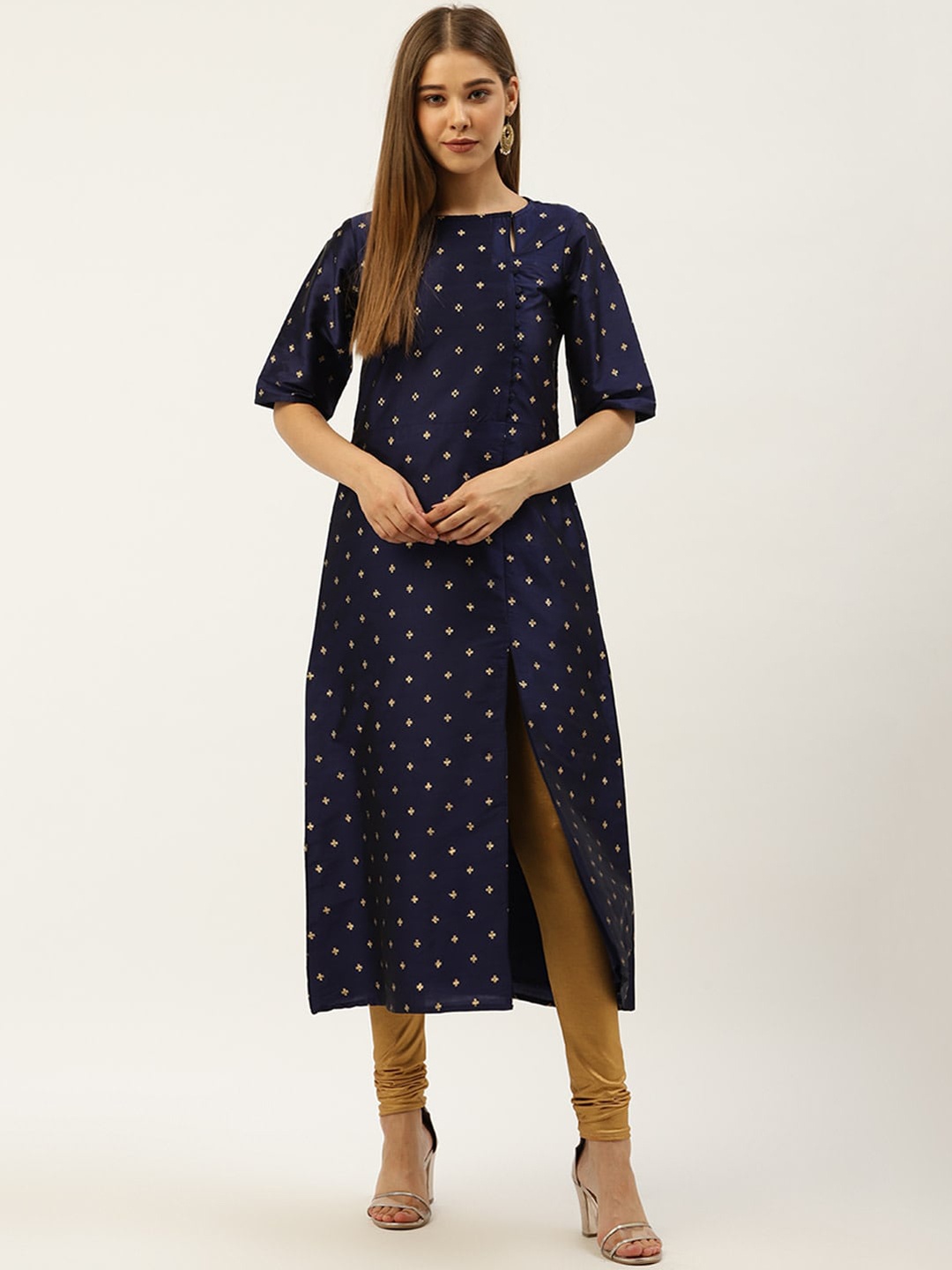 

Cottinfab Women Navy Blue & Gold-Toned Geometric Printed Keyhole Neck Kurta