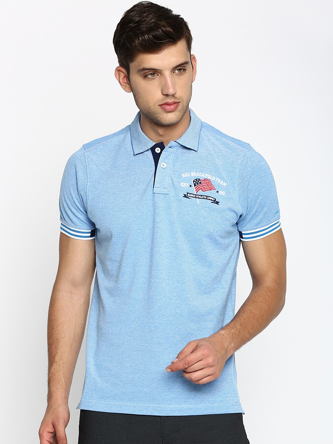 

Basics Men Blue Solid Cotton Polo Collar T-shirt