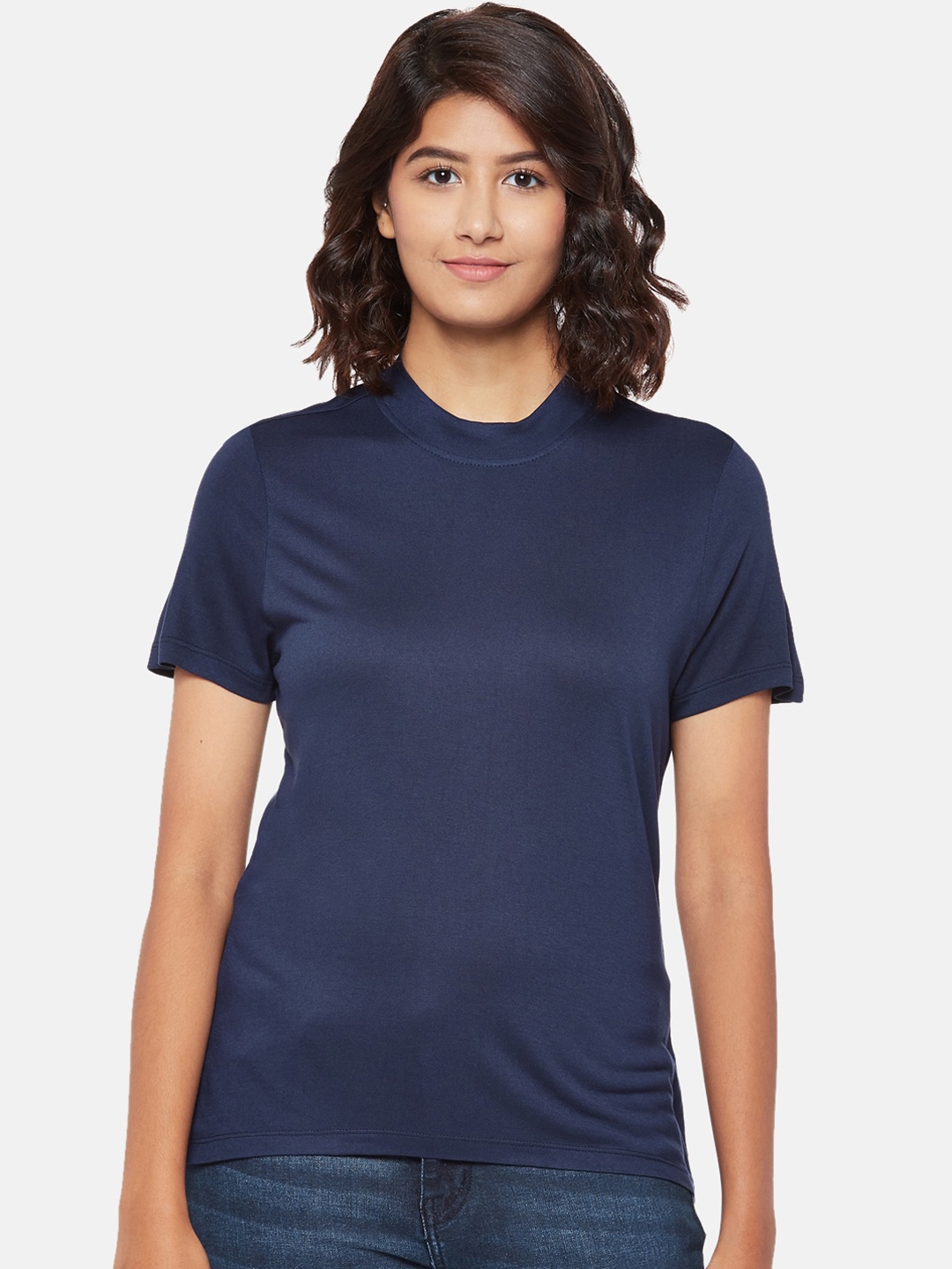 

People Women Navy Blue Solid Round Neck T-shirt