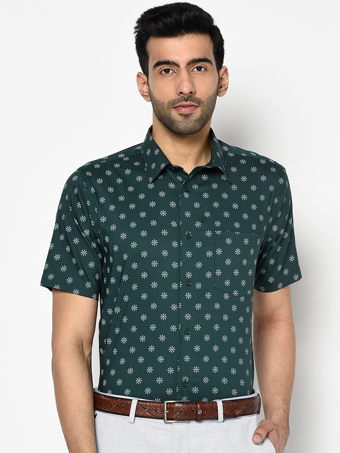Blackberrys Men Green Printed Slim Fit Formal Shirt