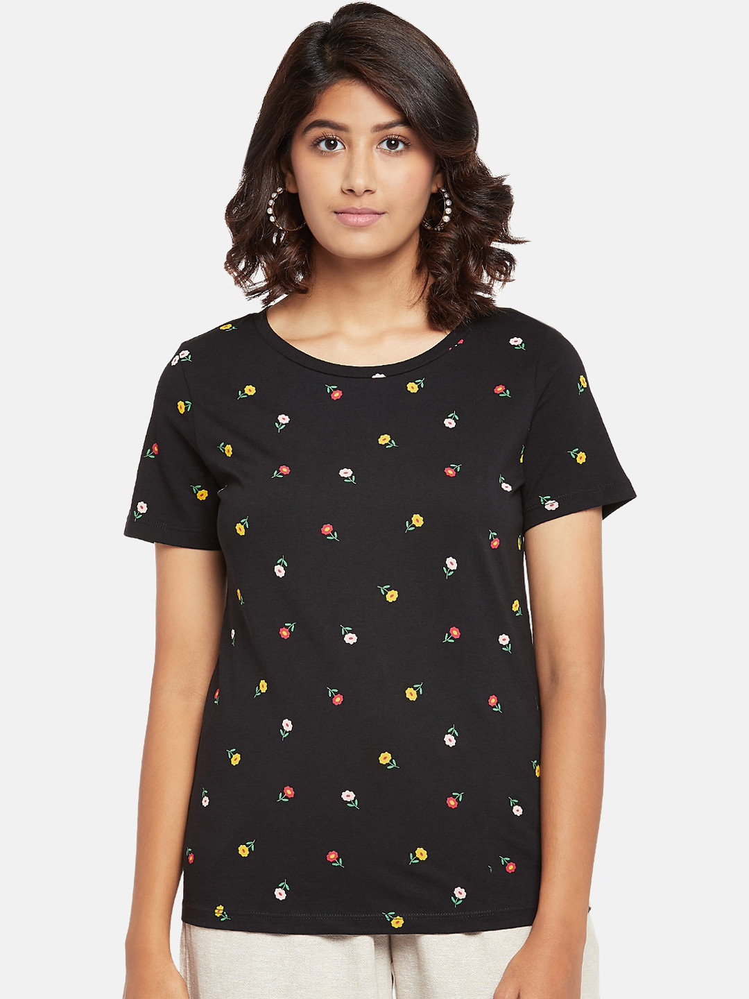 

Honey by Pantaloons Women Black Printed Round Neck Pure Cotton T-shirt
