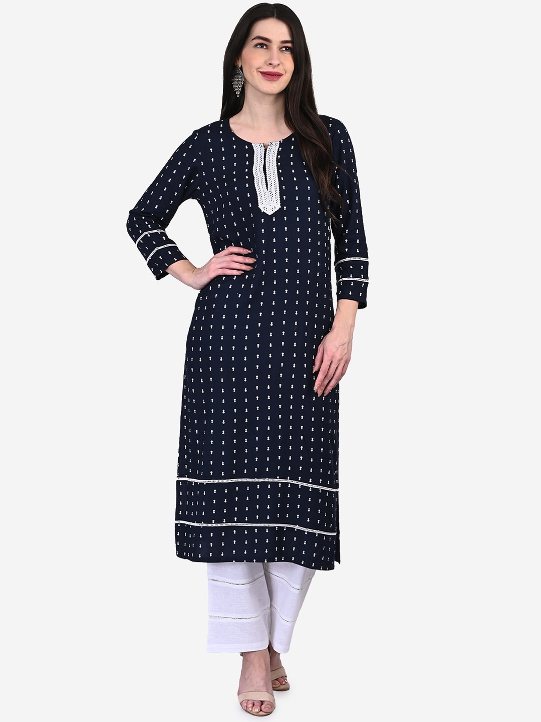 

Be Indi Women Round Neck Ethnic Motifs Straight Side Slits Regular Kurta, Navy blue