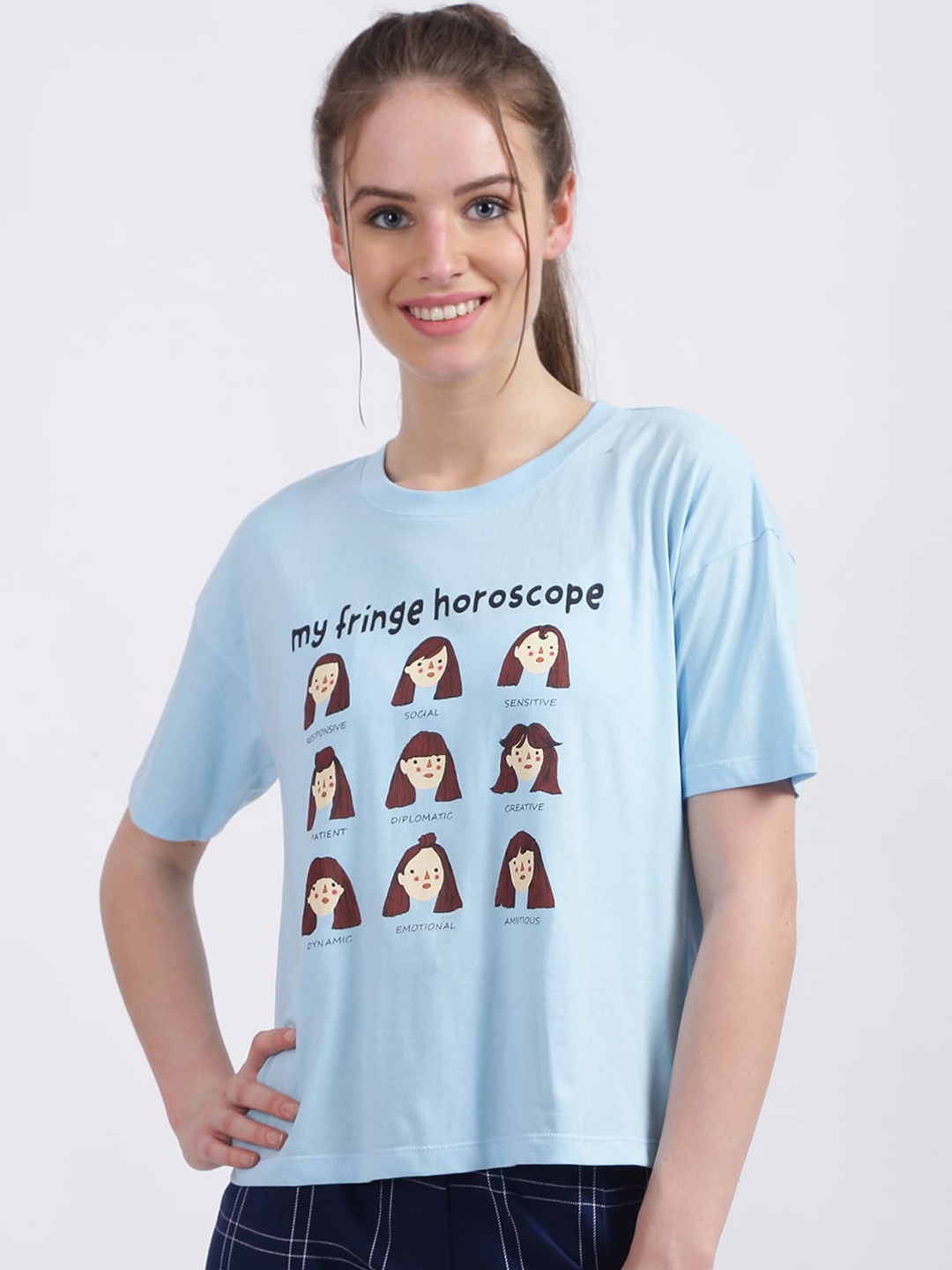 

Zink London Women Blue Printed Round Neck T-shirt