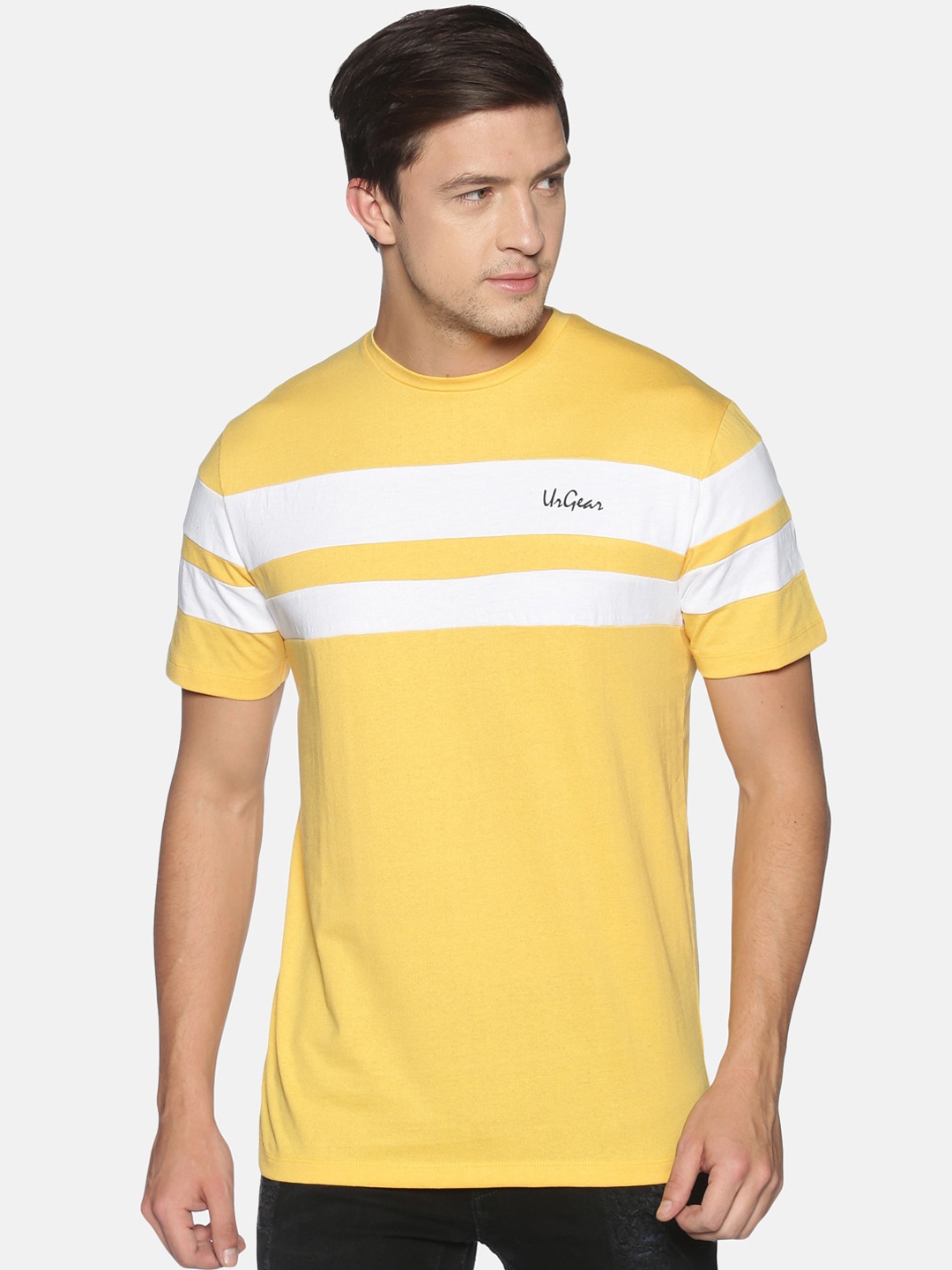 

UrGear Men Yellow Striped Round Neck Pure Cotton T-shirt