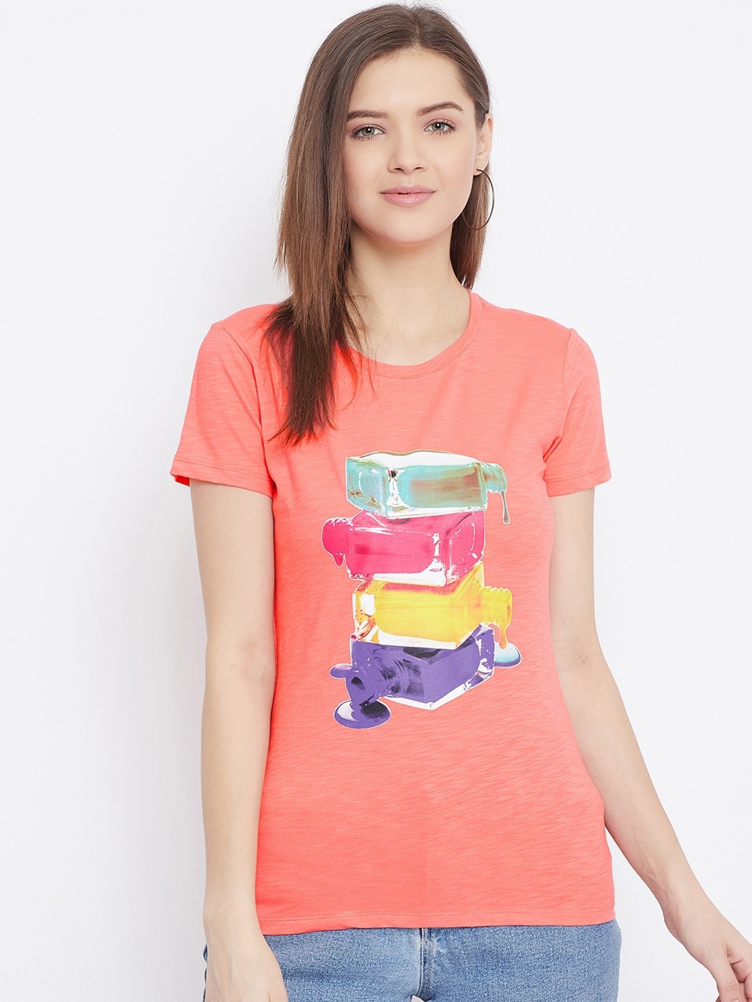 

Bishop Cotton Women Pink Printed Round Neck T-shirt
