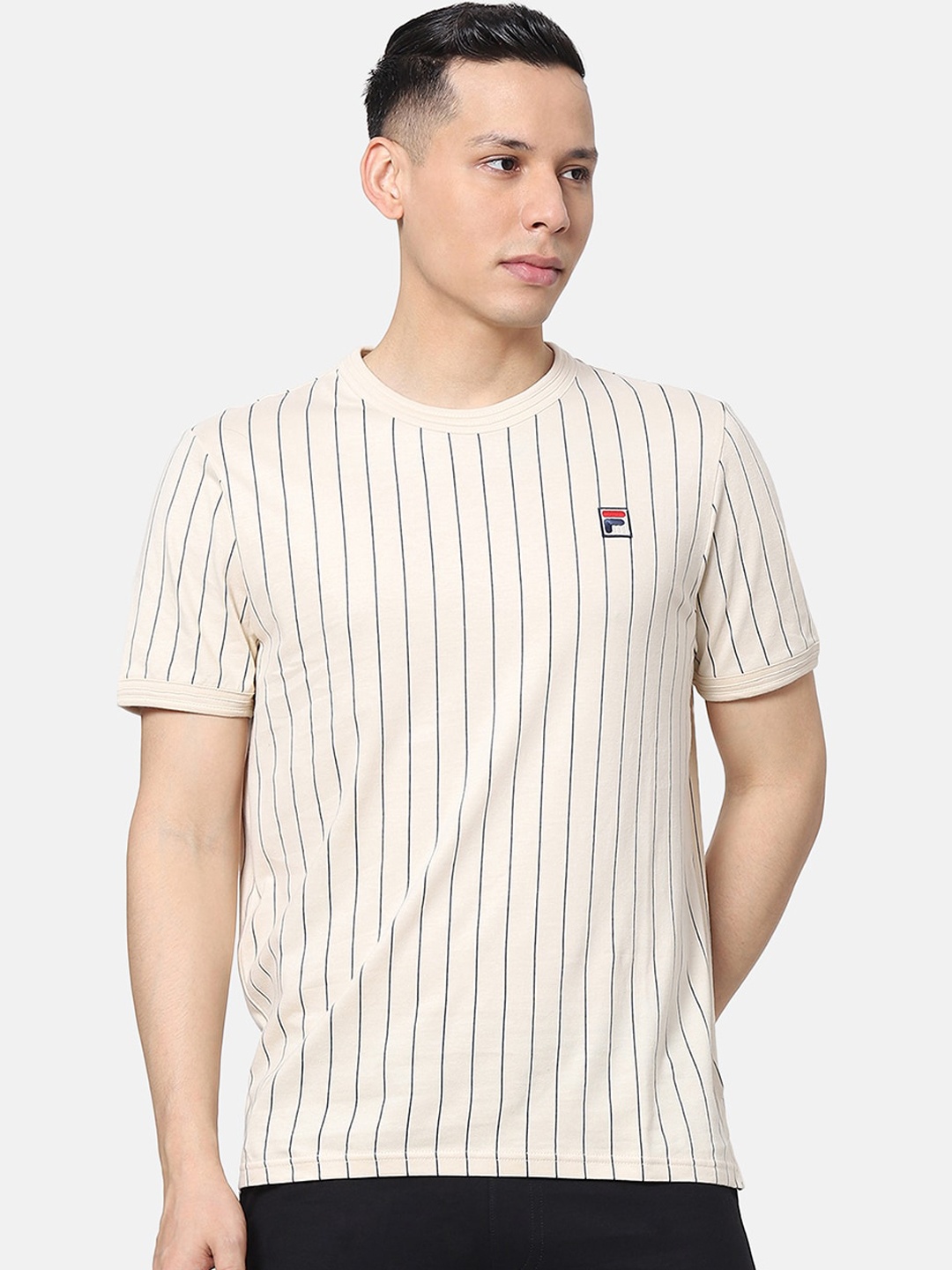 

FILA Men Beige & Navy Blue Striped Round Neck T-shirt