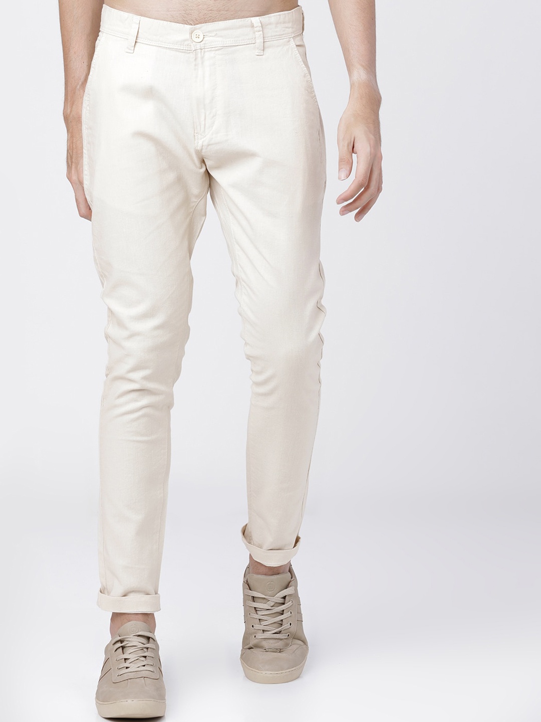 

HIGHLANDER Men Beige Slim Fit Solid Cotton Linen Regular Trousers