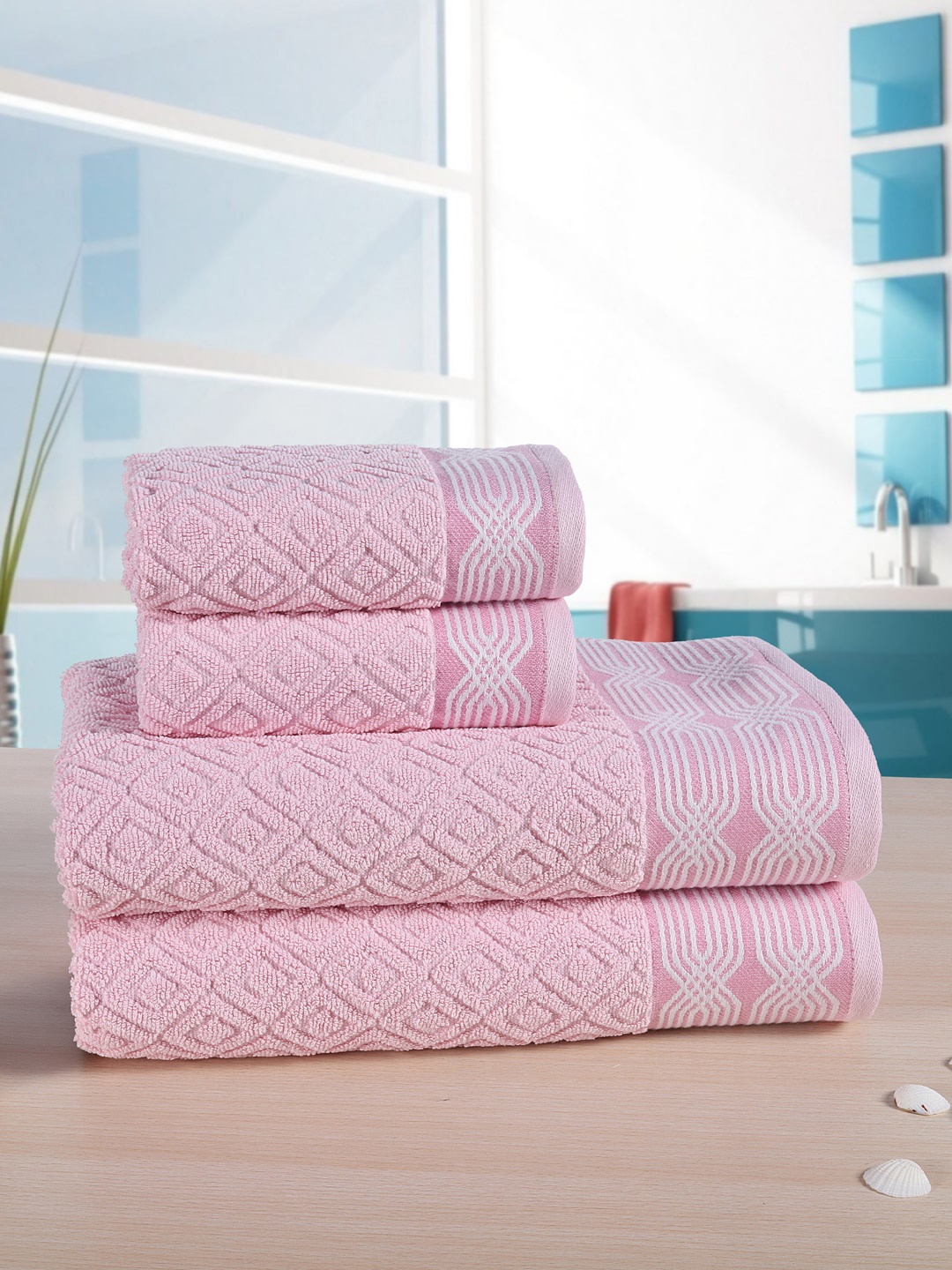 

RANGOLI Unisex Set Of 4 Pink & White Self Design 500 GSM Towel Set