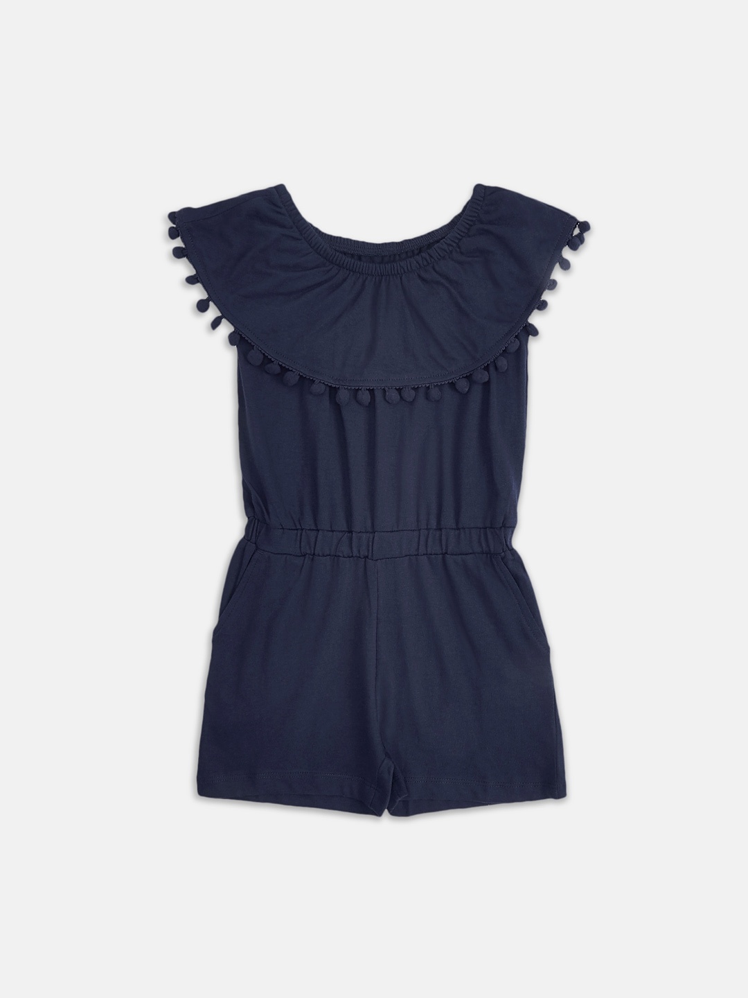 

Pantaloons Junior Girls Navy Blue Solid Pure Cotton Off-Shoulder Layered Playsuit