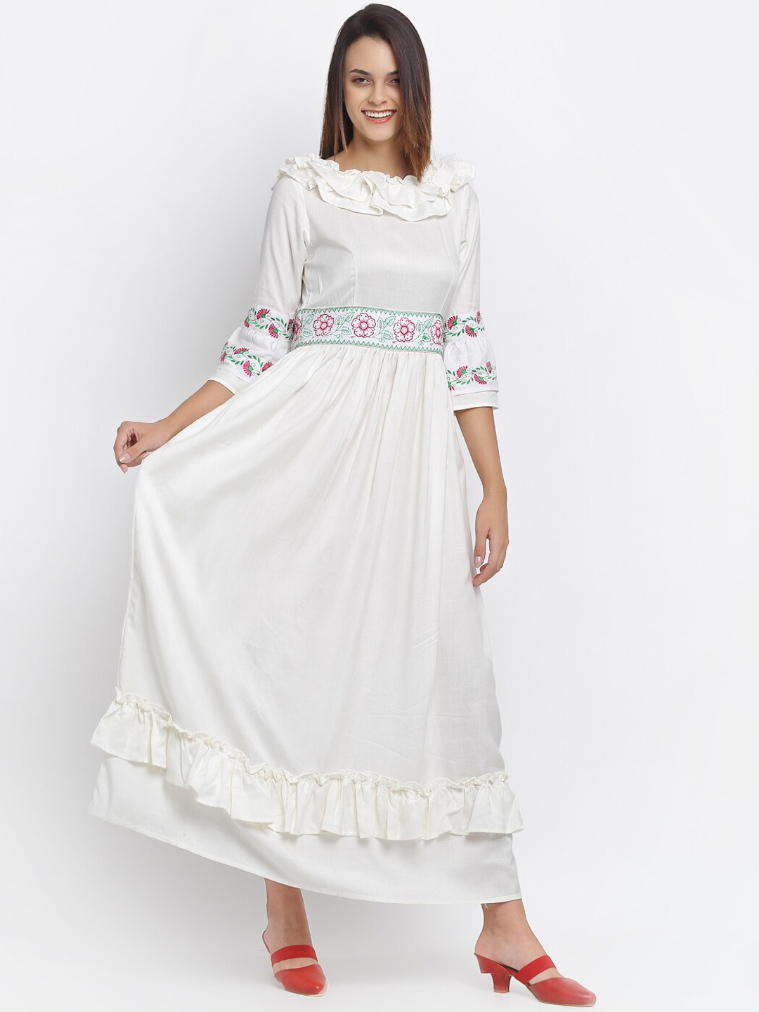 

Karmic Vision Off White Floral Embroidered Maxi Dress