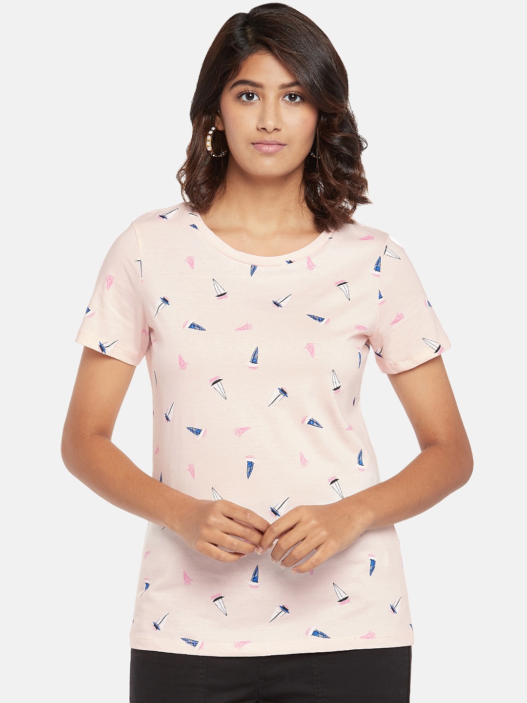 

Honey by Pantaloons Women Pink Printed Cotton Round Neck Pure Cotton T-shirt