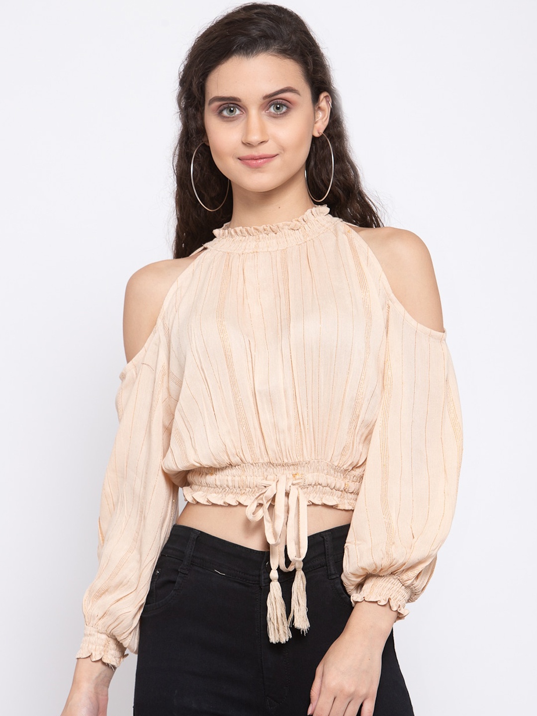 

Zastraa Women Beige Accordion Pleats Blouson Crop Top
