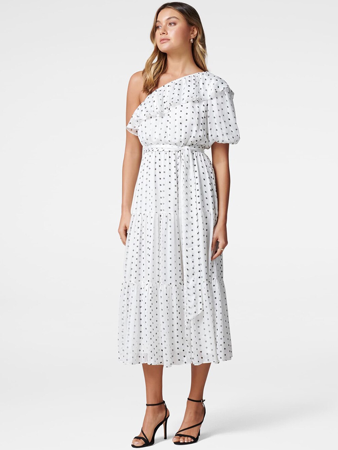 

Forever New White & Grey Polka Dot Printed Fit and Flare Dress