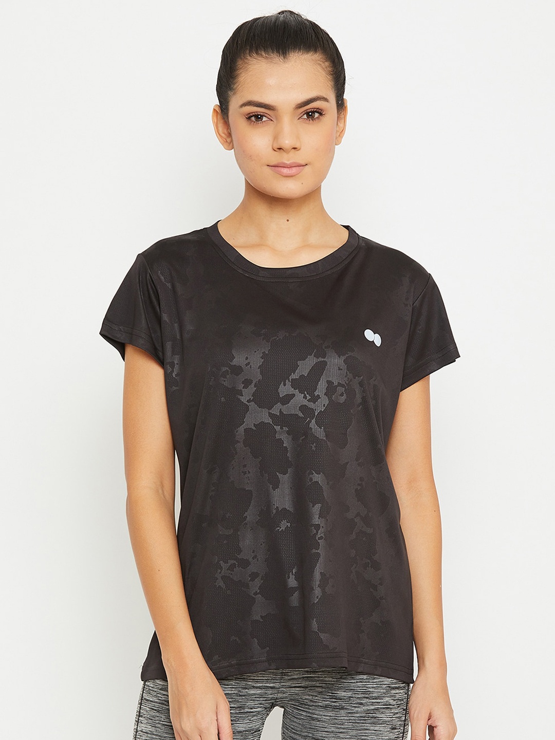 

Clovia Women Black Printed Round Neck Sports T-shirt